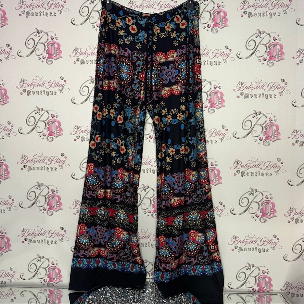 Pants floral hippie flare bootcut red blue cream black soft stretchy comfy luxe